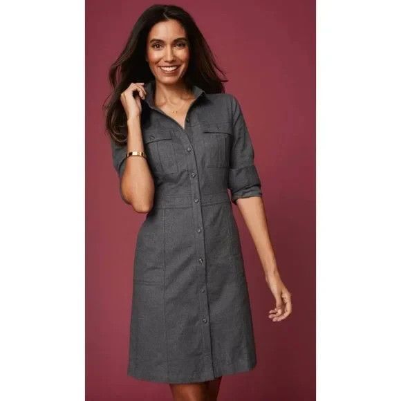 UNTUCKit Portia Cotton Utility Long Sleeve Shirtdress Dress Gray Womens Size 4 - Picture 1 of 15